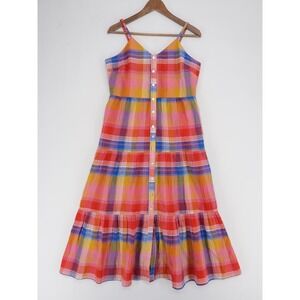Evereve Sofia Dress Womens M Multicolor Plaid Tiered Midi Spaghetti Strap